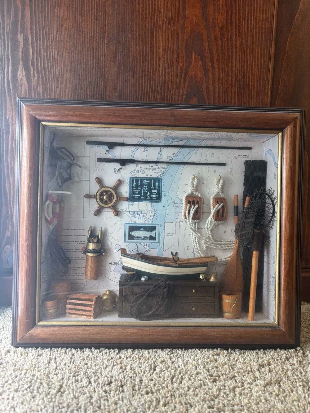 Vintage Nautical Shadow Box Miniature Fishing Village Diorama with Boat